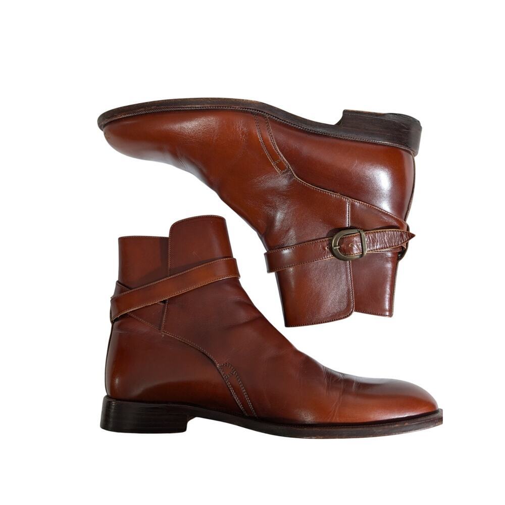 FRAGIACOMO! STUNNING PECAN BROWN GENUINE LEATHER ANKLE BUCKLE MENS BOOTS! SZ 8M - Picture 6 of 10